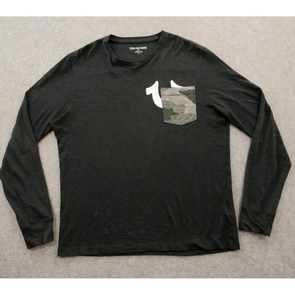 True Religion Shirt Mens Large Black Camo Crew Graphic Print Logo Long Sleeve